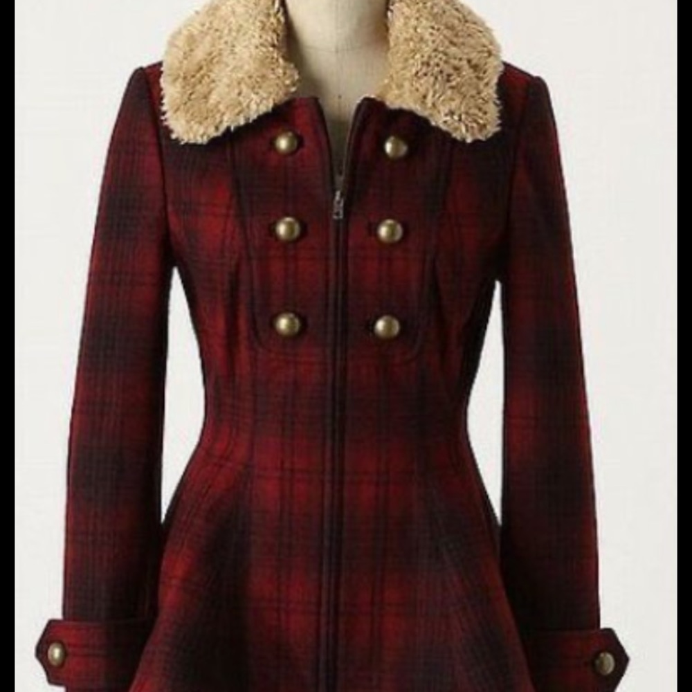 Xhilaration Burgundy Plaid Pea Coat with Faux Fur Collar